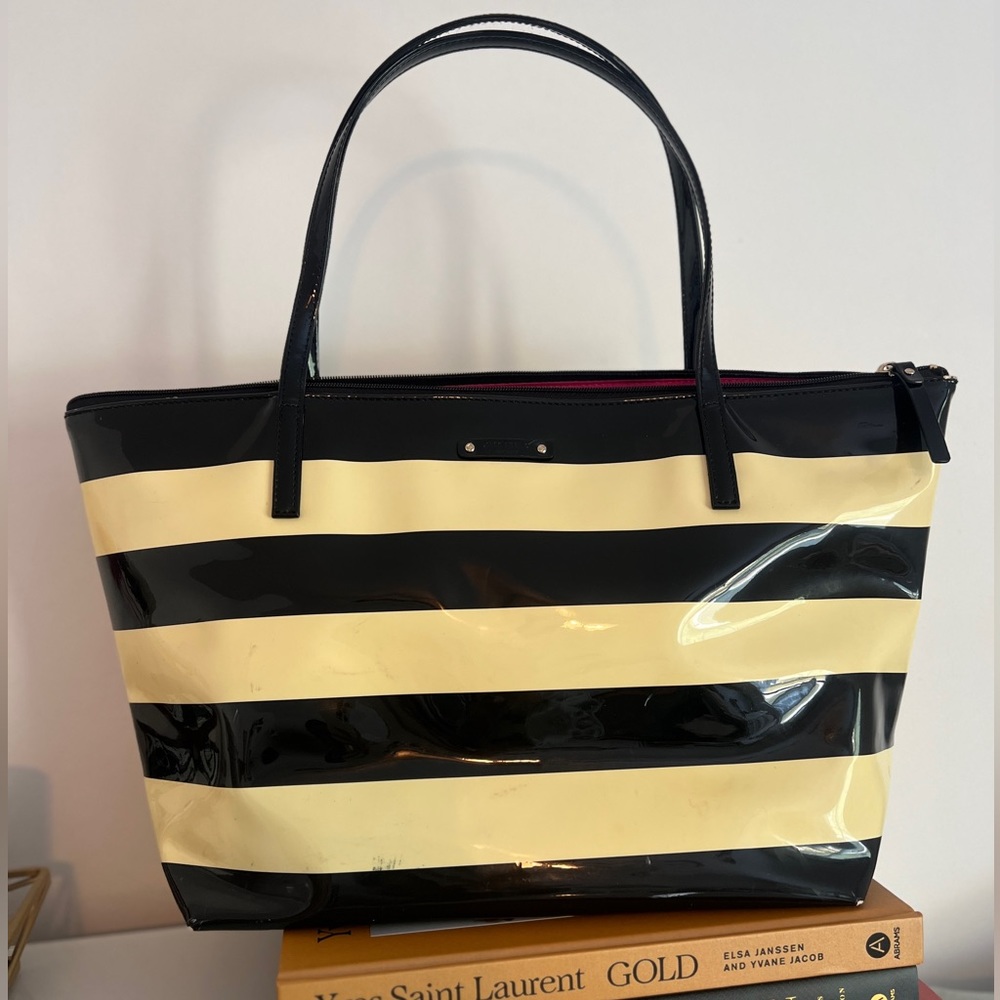 Kate Spade Penn Valley Sophie Tote Black & Cream Stripe Hot Pink Interior